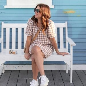 North Kinder Jilly Box Gingham Babydoll Dress in Brown & Cream Size L NWT